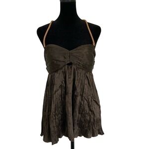 Willow Womens Brown Halter Top Bloutse‎ Rope Strap Size 6 Babydoll Cut Out Zip